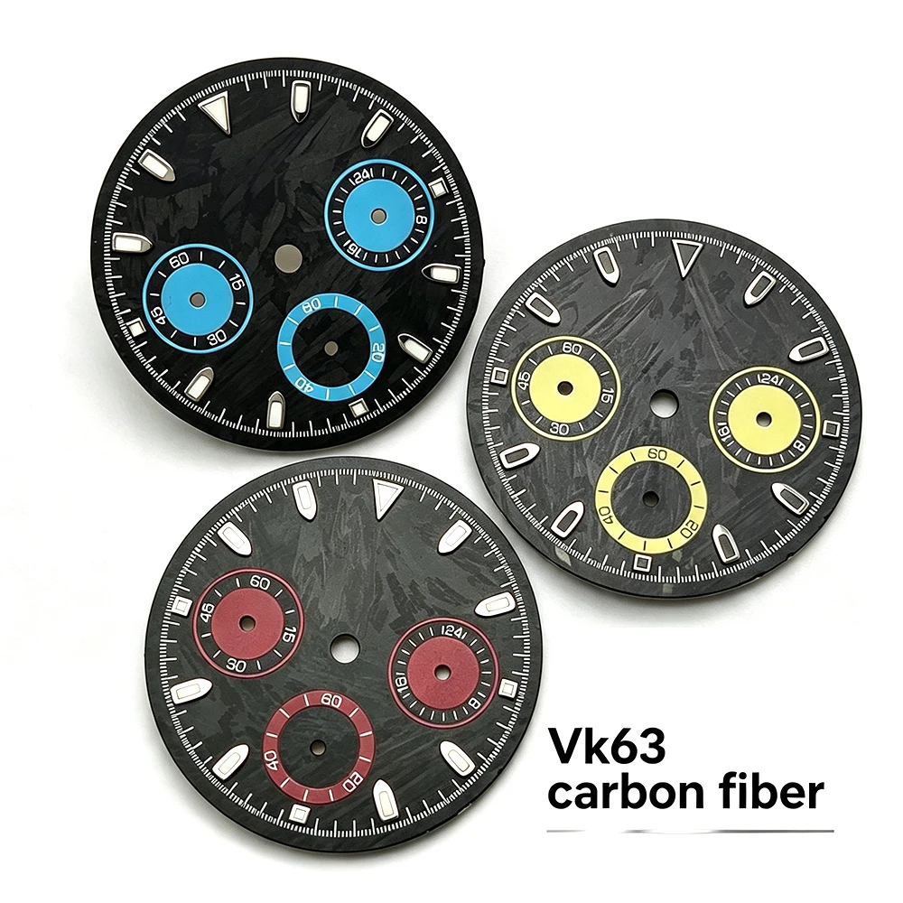 VK63 Zifferblatt, 29,5 mm, Kohlefaser-Zifferblatt, geeignet für VK63-Uhrwerk, individuelles Logo, Uhrenzubehör, grünes Lume VK63-Uhrenzifferblatt-Mod