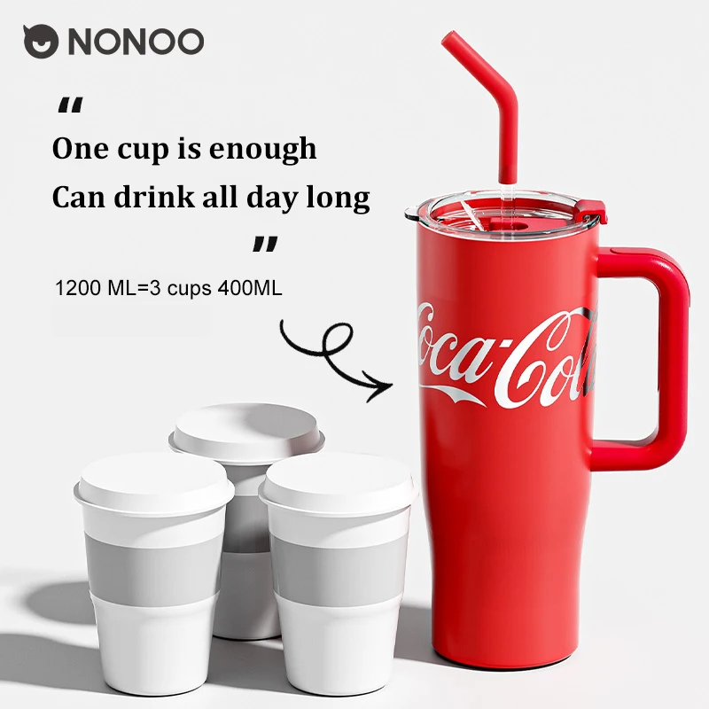 NONOO Coca-Cola 1200ml Tumbler with Handle and Straw Lid Stainless Steel Water Bottle Reusable Insulated Vacuum Cup Travel Mug