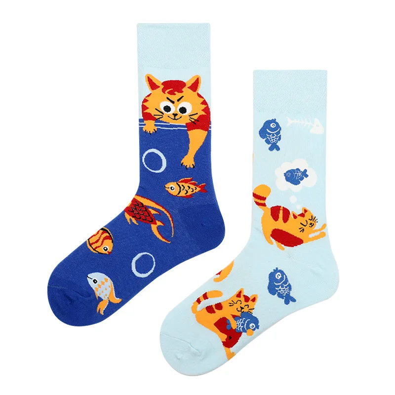 2023 New Animal Pattern Puppy Cat AB Asymmetric Mandarin Duck Trendy Socks Medium Long Tube Cotton Lovers Socks