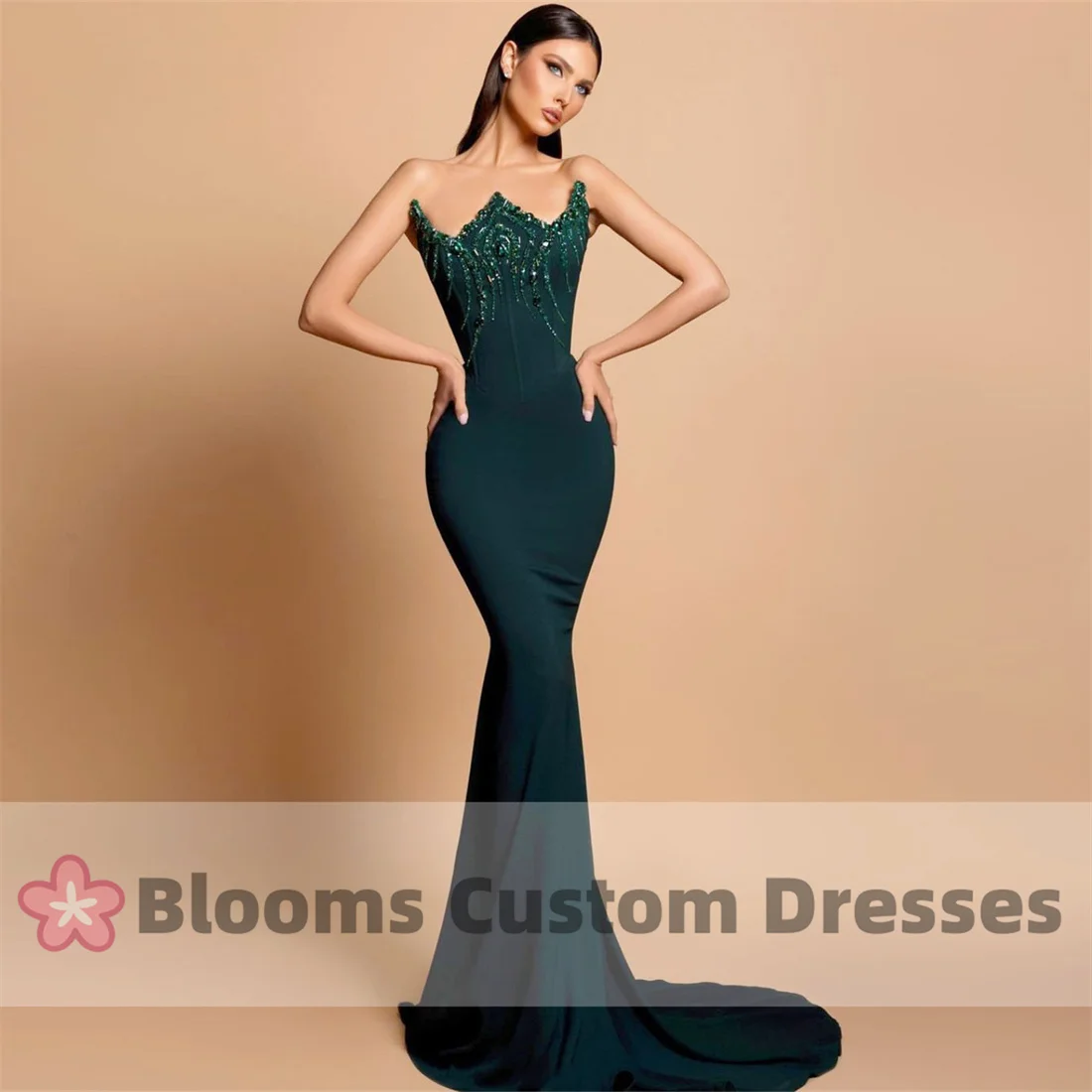 Customized Chic Neckline Rhinestone Mermaid Evening Dress Dark Green Crepe Sleeveless Prom Dress For Wedding robes invitée