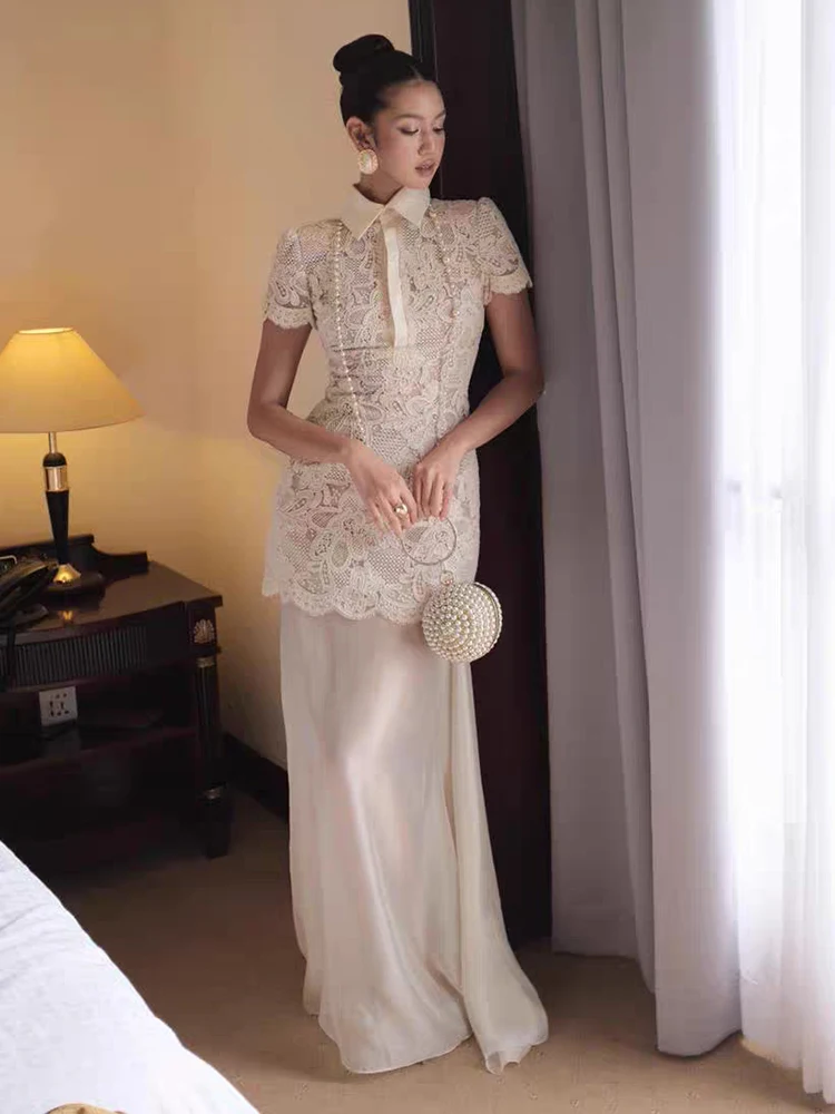 

Elegant Embroidered Lace Turn-down Collar Dress Women's Premium Slimming Birthday Skirt Mid-length A-line Polyester Fiber