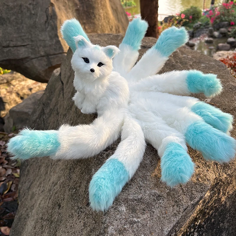 

White and Blue Squatting Nine Tailed Fox Plush Toy Desktop Ornament Car Decoration