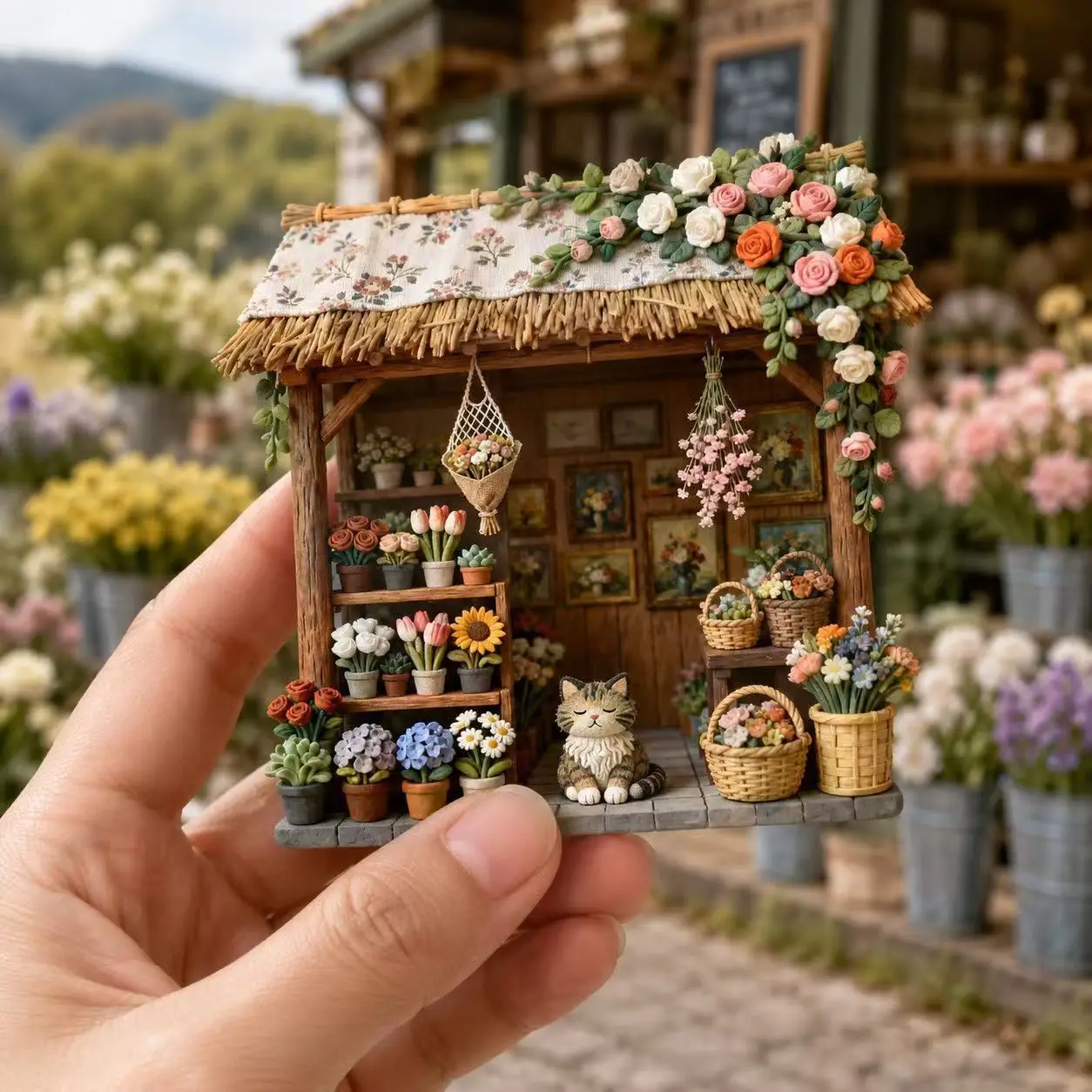 Miniature Flower Shop Resin Fridge Magnet, 3D Relief Rural Farmhouse Decor, Magnetic Sticker for Refrigerator, Best Friend Gift