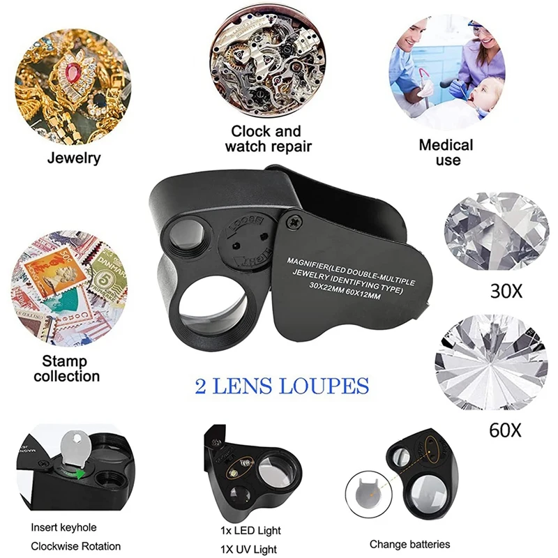 NEW-LED Loupe,30X 60X Illuminated Jewelers Loupe,Foldable Metal Jewelry Eye Loop Magnifier,For Coins Stamps Watches 3Pcs