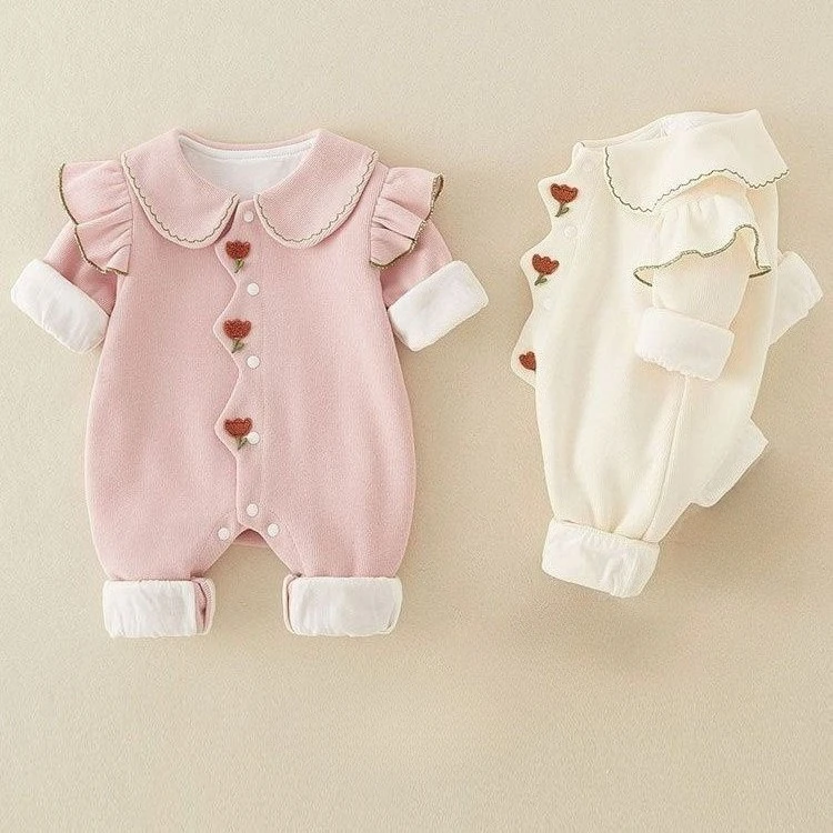 Autumn New Baby Girl Fleece-Lined Romper Super Cute Long-Sleeve Onesie for Newborns Warm and Comfortable Crawling Suit