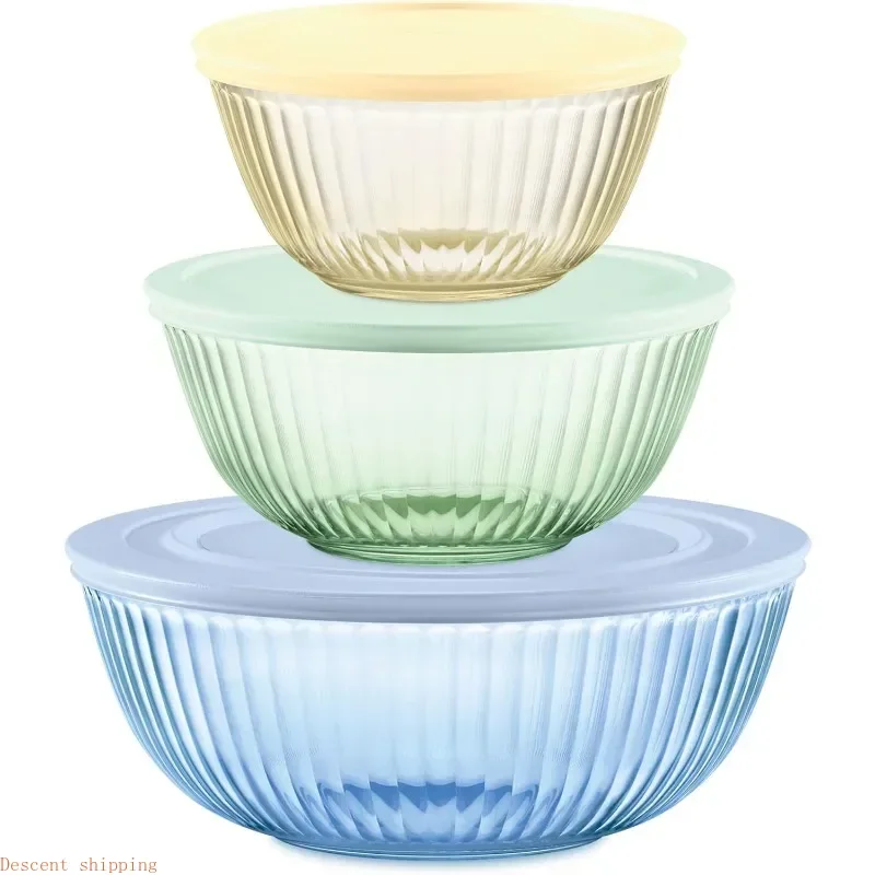 

Colors (3-Pack, Full Set) Sculpted Tinted Glass Mixing Bowls With Lids, Nesting Space Saving Set of Bowls For Prepping