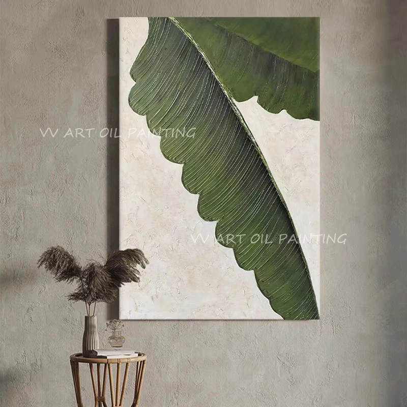 Tropical leaf green artwork  thick oil painting abstract modern canvas handmade sitting room adornment decoration as a gift