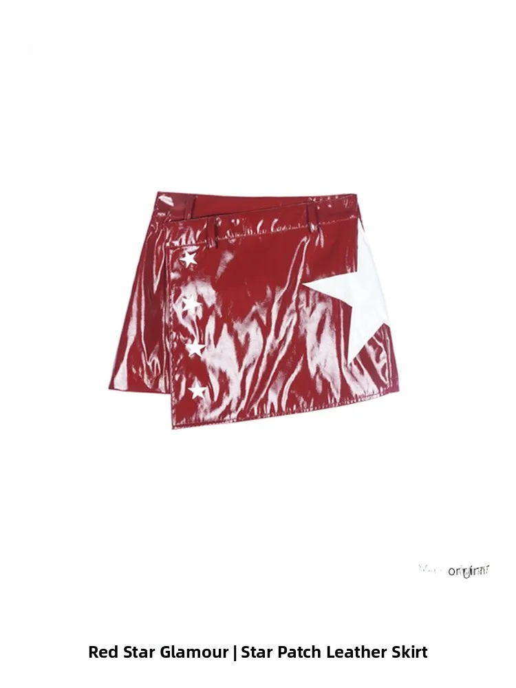 

Allbubble2024 Star Red Hot Girl | Кожаная юбка с нашивкой в виде звезды Сексуальная юбка трапециевидной формы из искусственного материала со средней талией