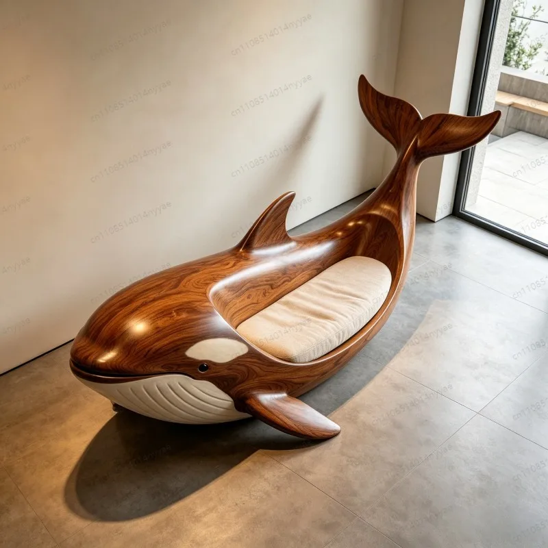 Handcrafted Solid Wood Whale Chair | New Chinese Style Lounge Seating with Elegant Curves, Artistic Centerpiece for Home
