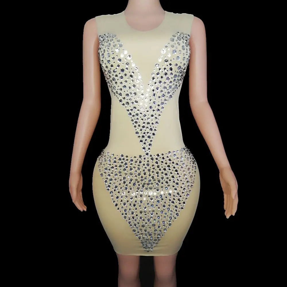 

Sparkly Rhinestones Summer Sleeveless Short Bodycon Dress Party Outfit Sexy Mesh Transparent Evening Celebrate Birthday Dress