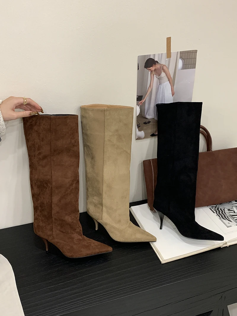 

2025 Chic Slouchy Shoes Faux Suede Knee High Boots Stacked Kitten Low Thin Heel Bootie Autumn Winter Streetwear Motorcycle Women