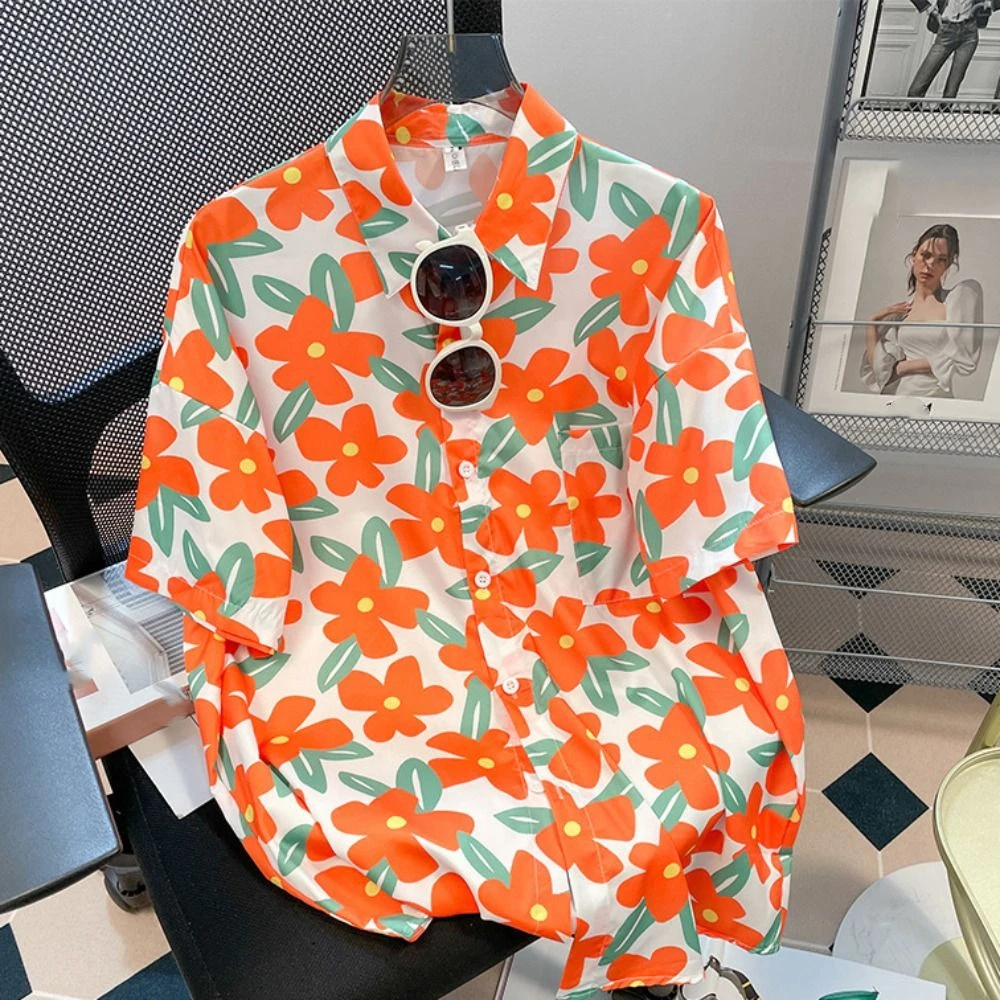 

Шикарные рубашки с v-образным вырезом и цветочным принтом с короткими рукавами Y2K, свободная блузка с цветочным принтом, женская уличная одежда, милые рубашки в стиле ретро для девочек, летние