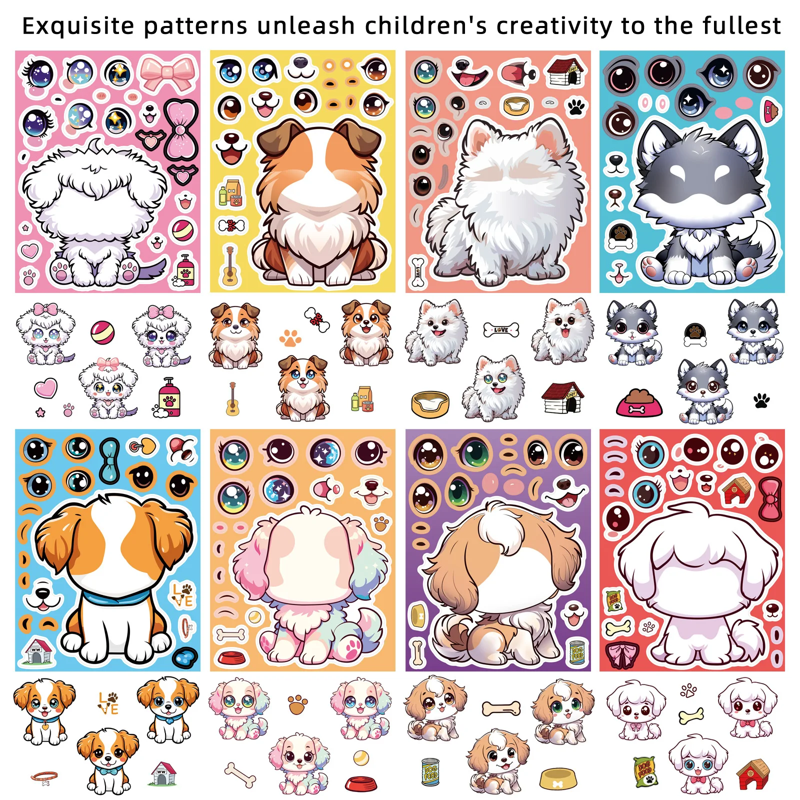 

8/16Sheets Cartoon Puppy Cute Dog Puzzle Stickers Fun Doodle Make a Face Decal DIY Laptop Bicycle Phone Case Stickers Kids Toy