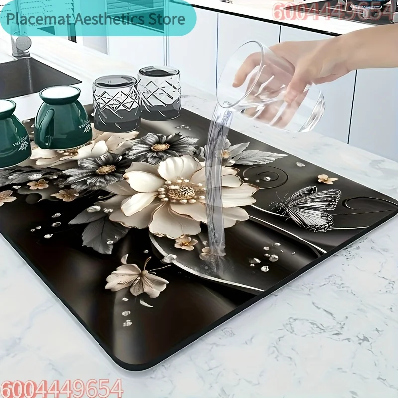 Superabsorbierende Gummi-Blumen-Trockenmatte für Geschirr |   Rutschfeste Küchen- und Badezimmer-Arbeitsplattenmatte |   Wohnaccessoires