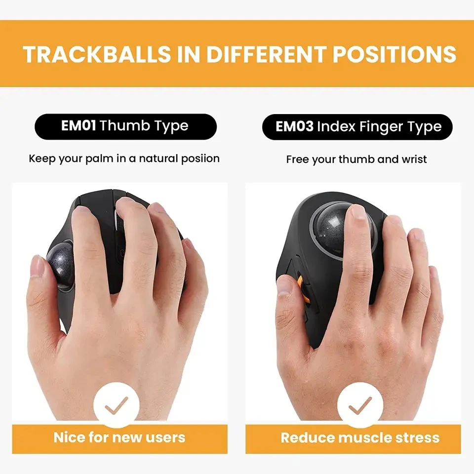 Ergonomic RGB Rollerball Mouse Rechargeable Computer Laptop Index Finger Control Wireless Bluetooth Trackball Mouse
