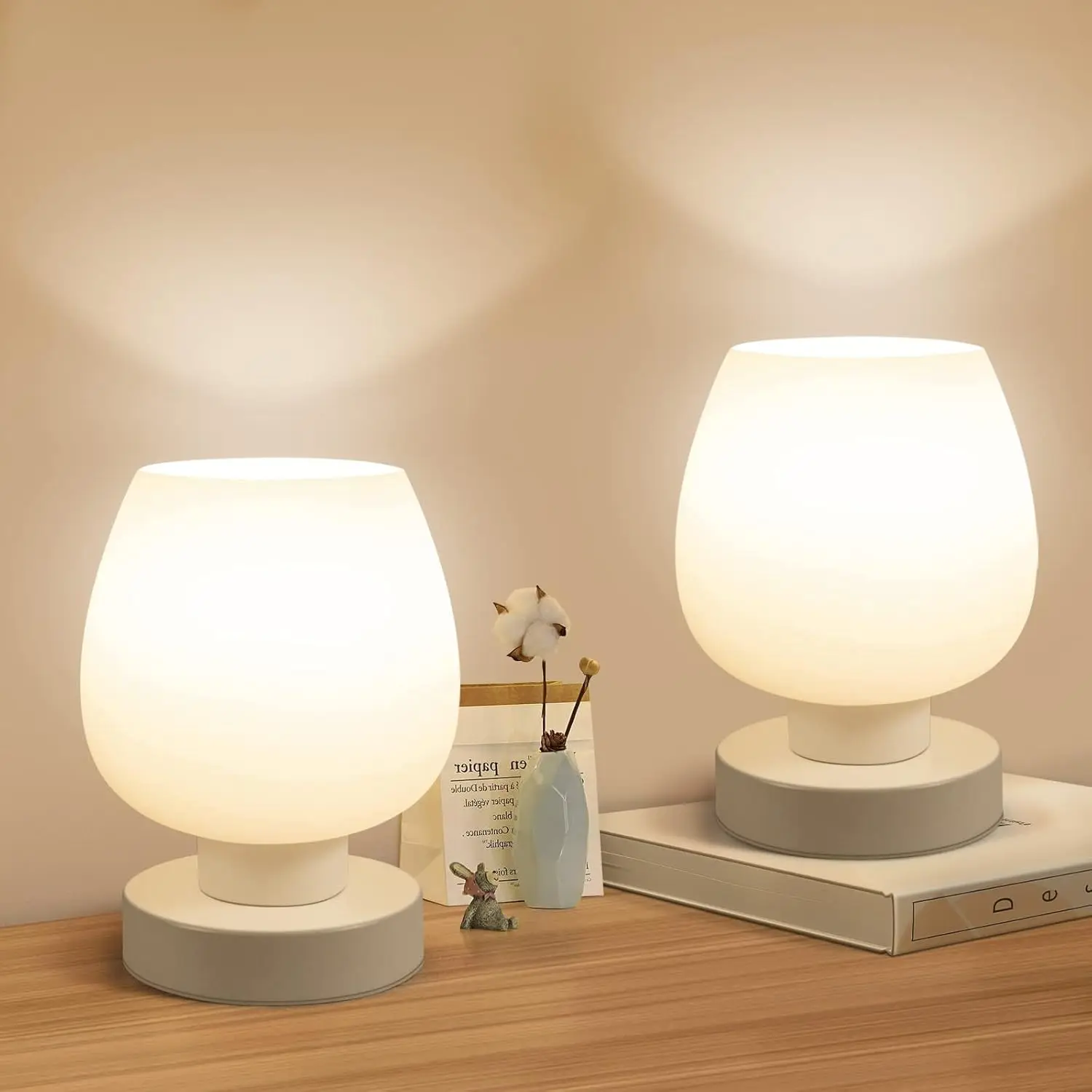 

Modern Touch Table Lamp Set of 2 - Dimmable Bedside Nightstand Light with White Opal Shade, LED Bulb for Home Decor