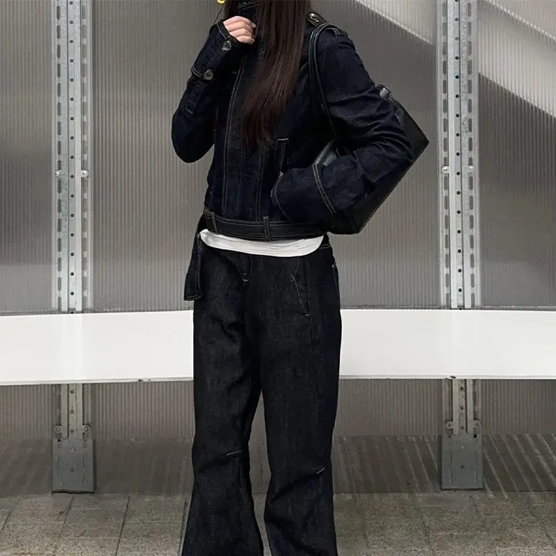 Korean Casual Retro Navy Blue Short Coat for Women's Autumn and Winter New Turtleneck Design Zipper Buckle Jacket Top
