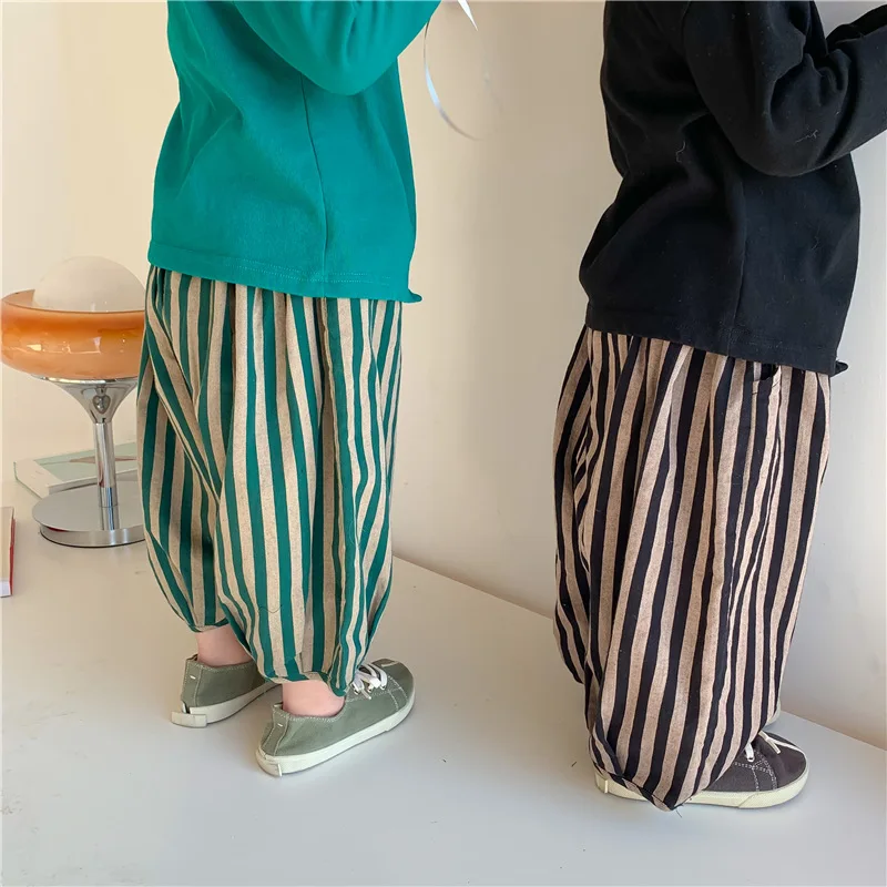 2024 Spring Kids cotton linen loose harem pants Children fashion vertical stripe trousers