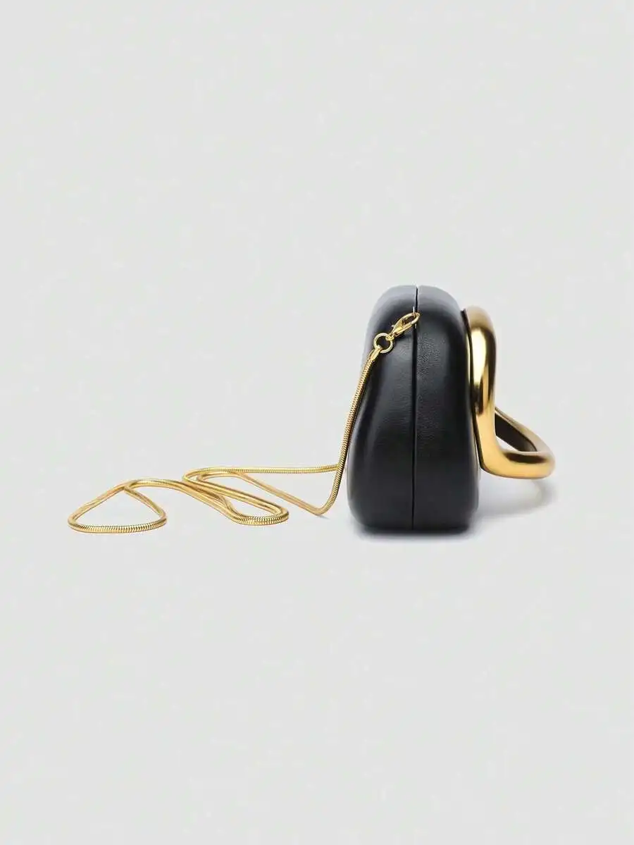 Elegant Black PU Leather Mini Clutch With Gold-Tone Chain And Ring Handle, Versatile Evening Bag For Weddings, Galas, Parties