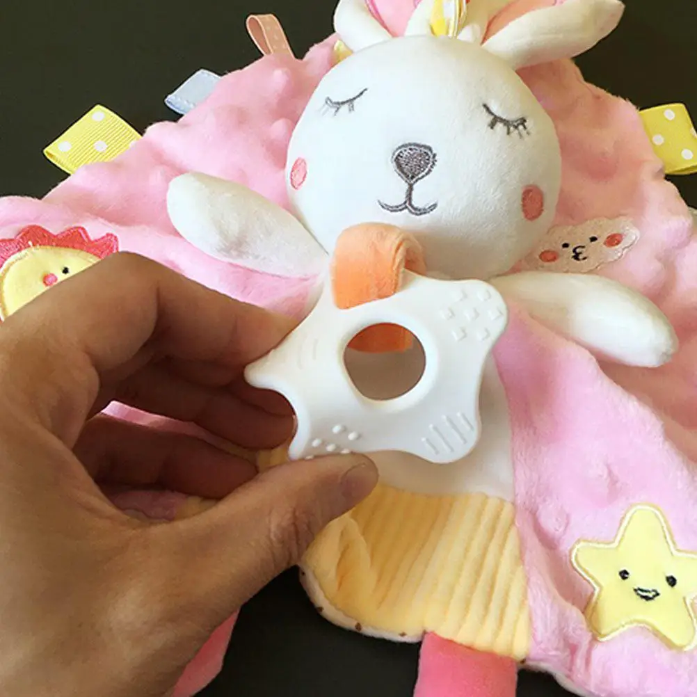 赤ちゃんを落ち着かせる快適ブランケット、柔らかく安全な唾液拭きタオル、幼児を落ち着かせる漫画の動物柄新生児用噛むおもちゃ兼げおならブランケット