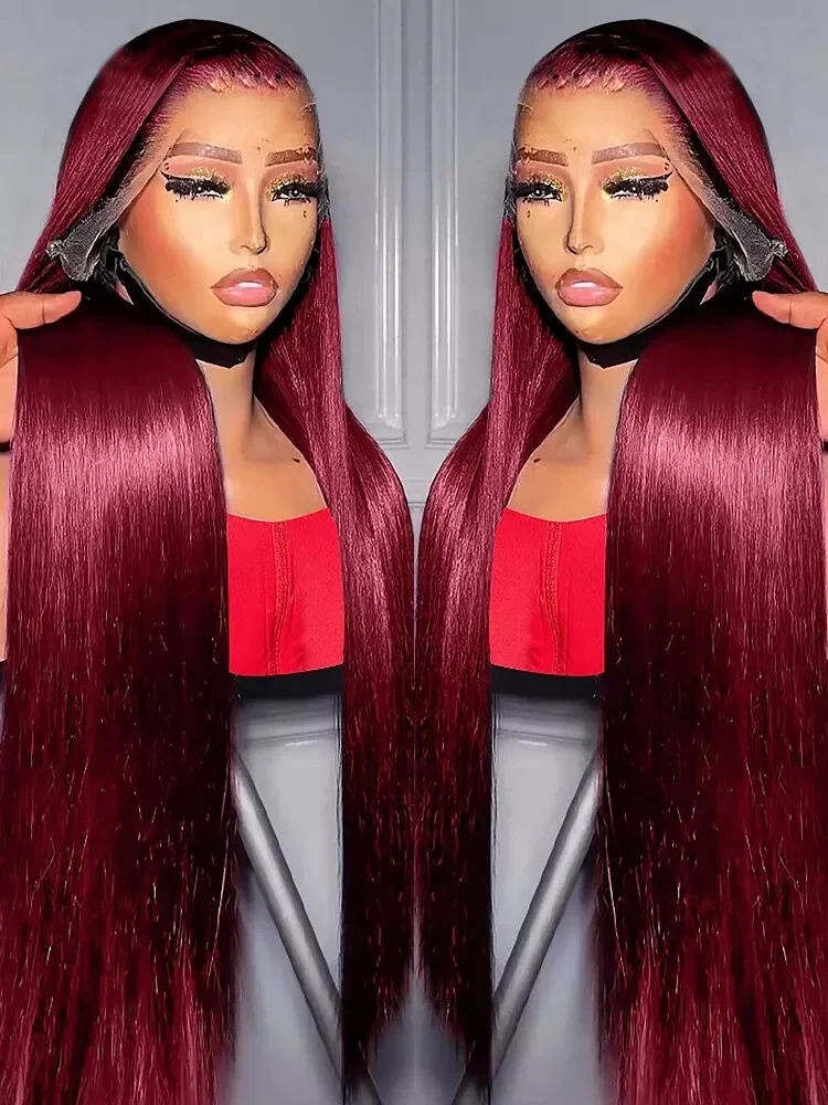Wig Rambut Asli 26 Inch 99J Burgundy Lace Front Pre Plucked 13X4 HD Transparan Lurus Wig Rambut Asli Lace Front 200% Density