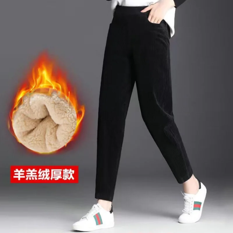 

Autumn Winter Women Corduroy Pants With Pockets Thick Plush Warmer Casual Leggings High Waist Pants Lady Harem Trousers B0063