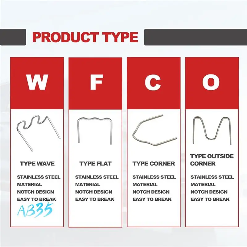 

AB35-1200 Plastic Welder Staples 6 Types Hot And Wave Staples For Car Bumper Repair,Architectural Modeling, And Plastic Craft