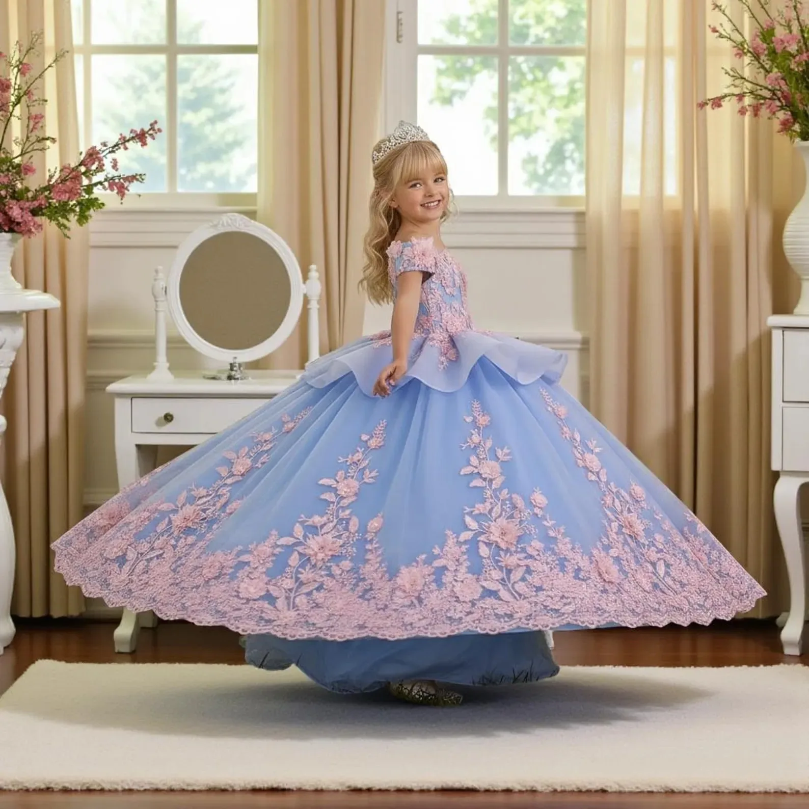 Gestuftes Blumenmädchenkleid aus Tüll für Hochzeiten, schulterfreies Ballkleid mit Applikationen, Geburtstagskleid 2026, Erstkommunionkleid nach Maß – Detail 9