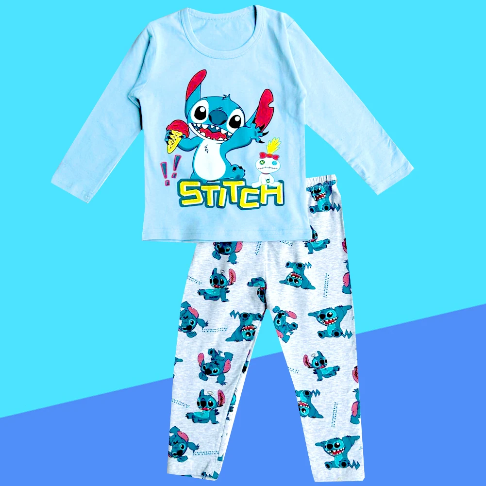 1-7Y Spring Autumn Children's Clothing Sets Stitch Boy Sleepwear Clothes Kids Pajamas Set Baby Girls Cotton Long Cartoon Pyjamas