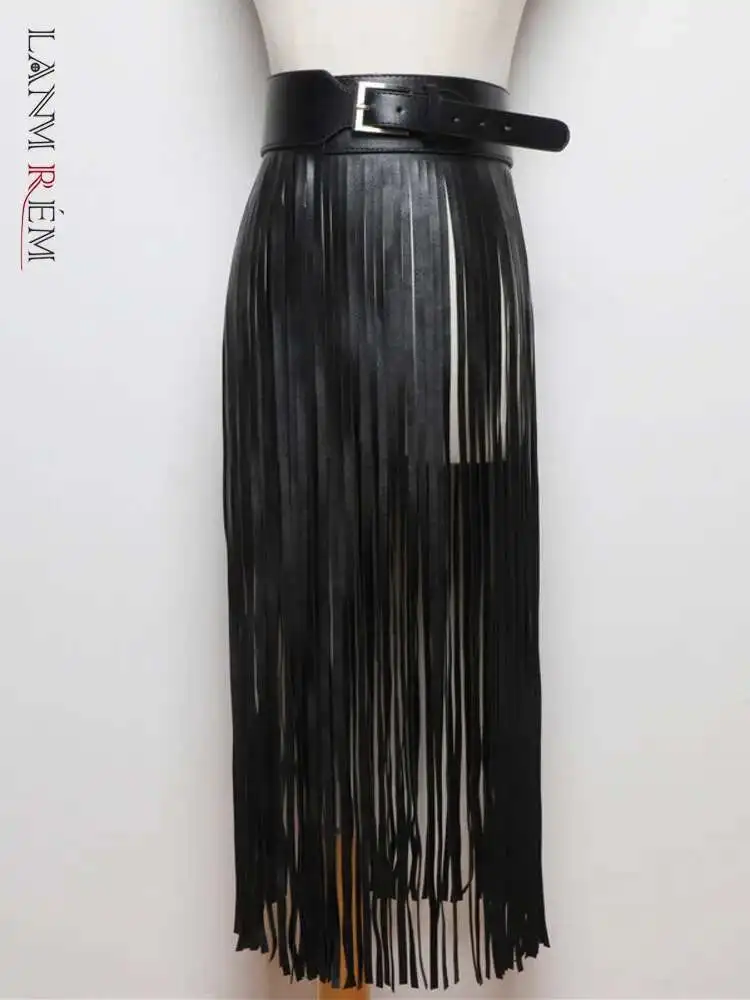 LANMREM Basics PU Leather Skirt Women Belt Black Color High Street Decoration Full Tassels Skirts Female New Fashion 2DC1326 LANMREM Basics PU Leather Skirt Women Belt Black Color High Street Decoration Full Tassels Skirts Female New Fashion 2DC1326