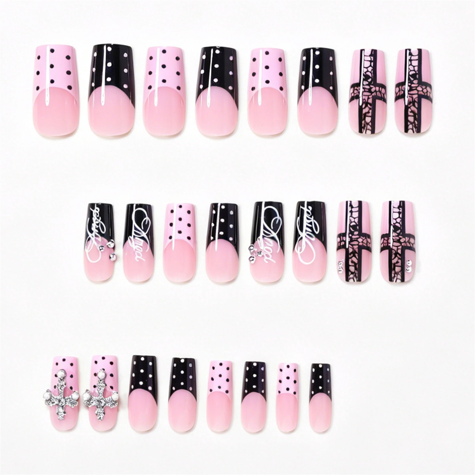24 Stück Süße Coole Press-On Nägel mit Perlen, Strass, Kreuz- und Spitzenmuster, Polka-Dot-Muster, Falsche Nägel in Rosa und Schwarz, Französischer Stil, Künstliche Nagelspitzen – Detail 3