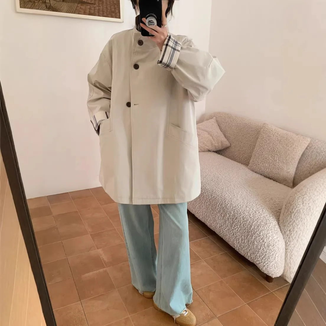 SuperAen Spring New Stand-up Collar Trench Coat for Women Elegant Mid-length Loose Plaid Patchwork Long-sleeved Coats