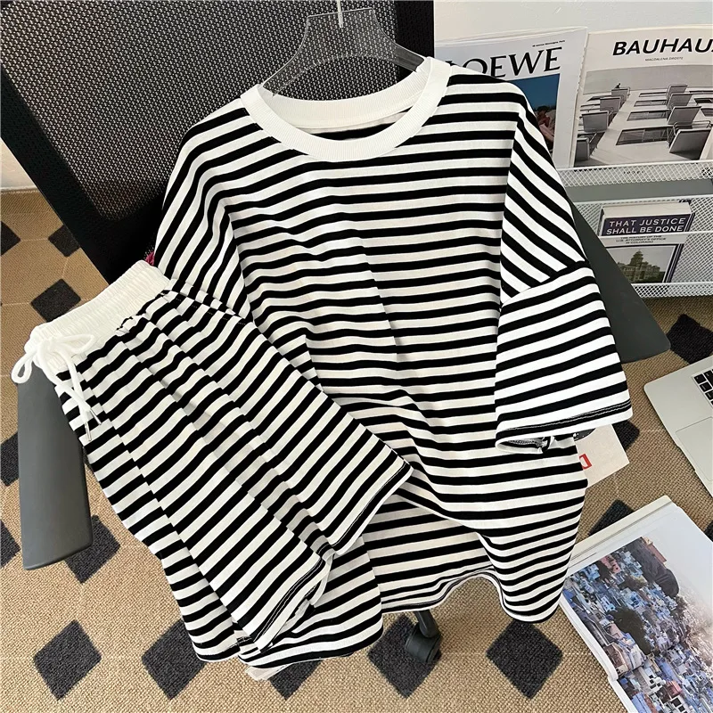 M-4XL Fashion Striped Women Two-Piece Sets Short Sleeved T Shirt+Wide Leg Shorts 2023 New Summer BF Style Female Sports Suits