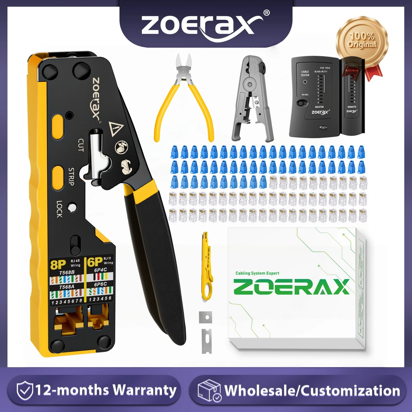 Kit de Ferramentas de Crimpagem ZoeRax 8 em 1 RJ45 Cat6 Cat5e, Alicate de Crimpagem, Testador de Cabos, Cortador de Fios, Lâminas, 50 Conectores e Botas Cat6
