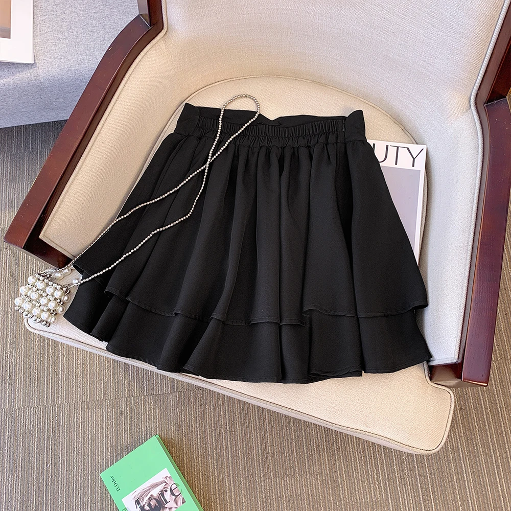 Plus size women\'s summer casual skirt Layered cake skirt Black polyester fabric loose comfortable skirt without lining