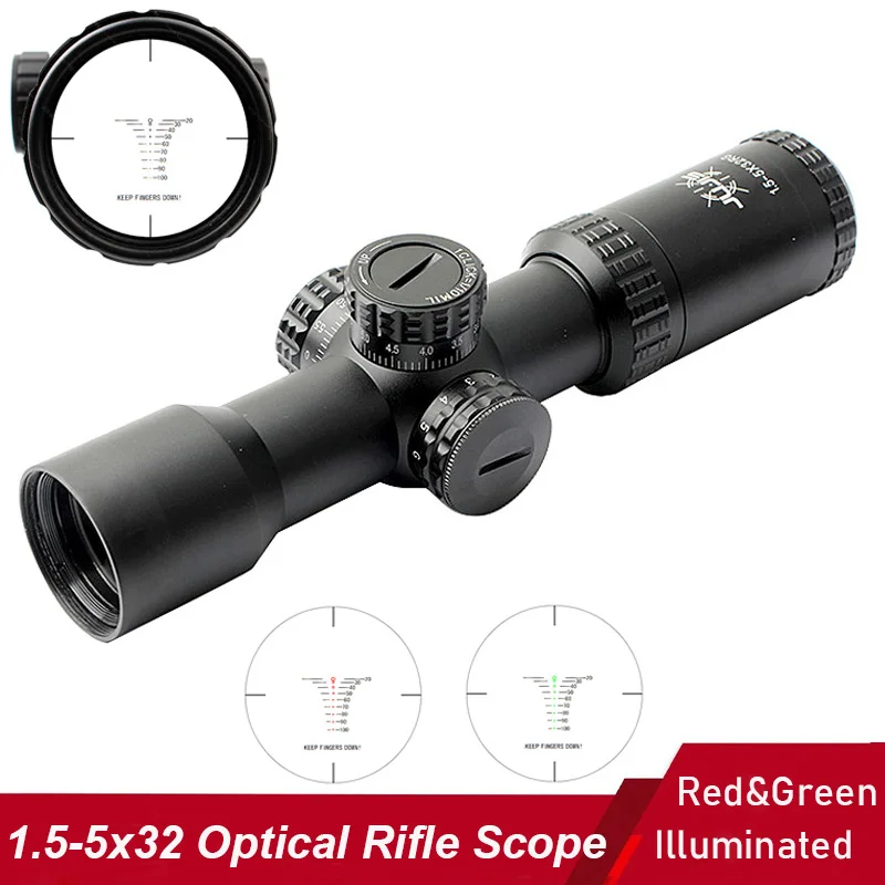 1.5-5x32 Optical Rifle Scope Red And Green Illuminated Aluminum Hunting Sight Fully Multi Coated Magnification Adjustment