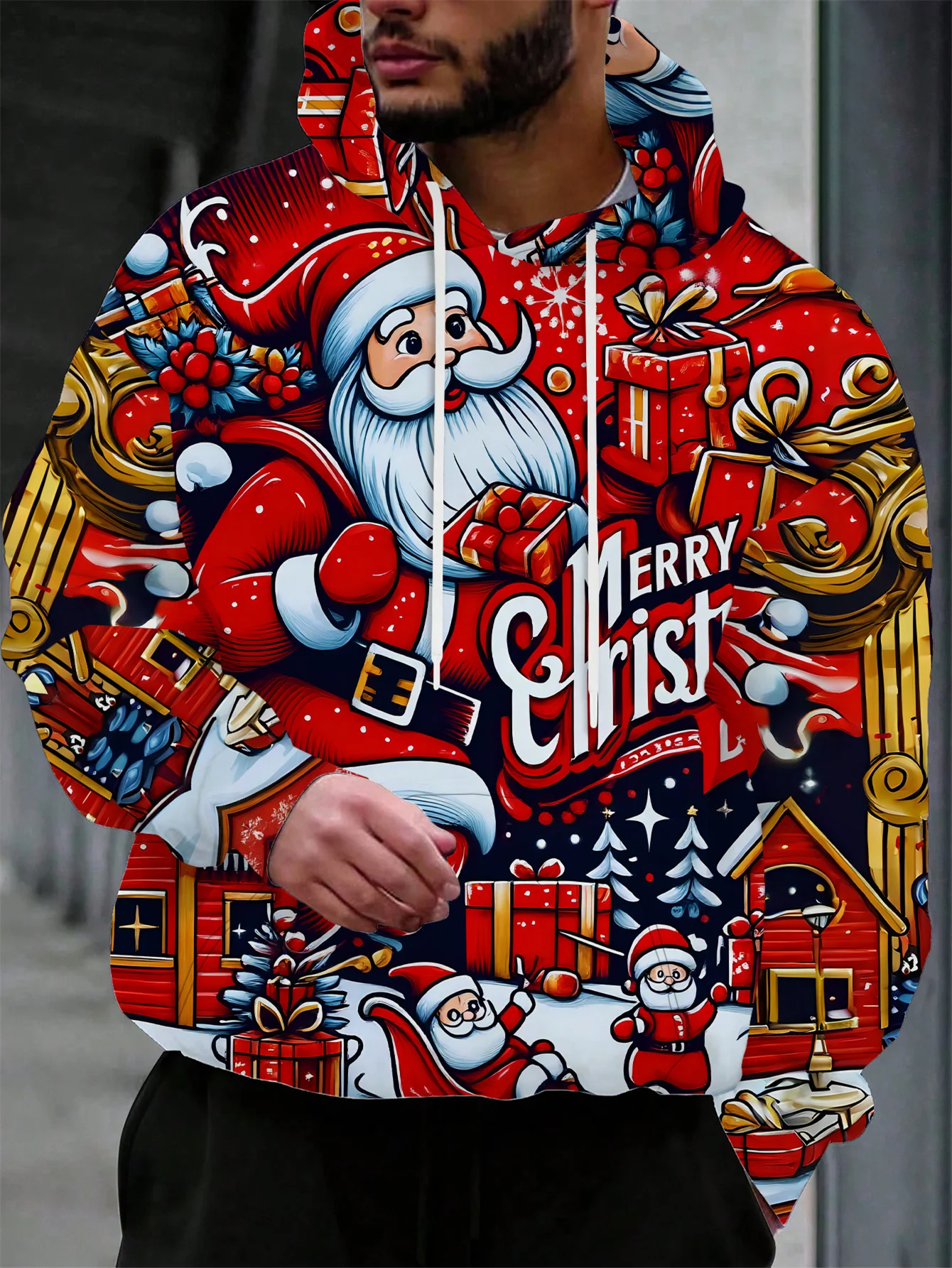 

3D Cartoon Santa Claus Printed Men's Hoodies Soft Stretch Polyester Fabric Pullover Top Outdoor Street Christmas y2k Men Clothes