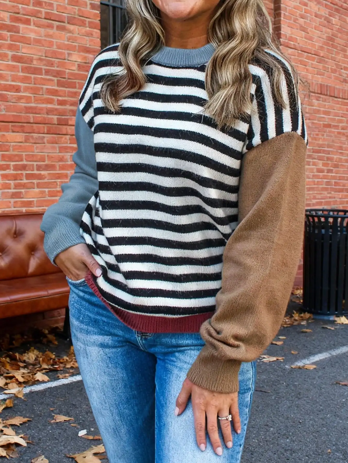 

Женский свитер свободного кроя с длинными рукавами, в полоску, с цветовыми блоками, с круглым вырезом, повседневный