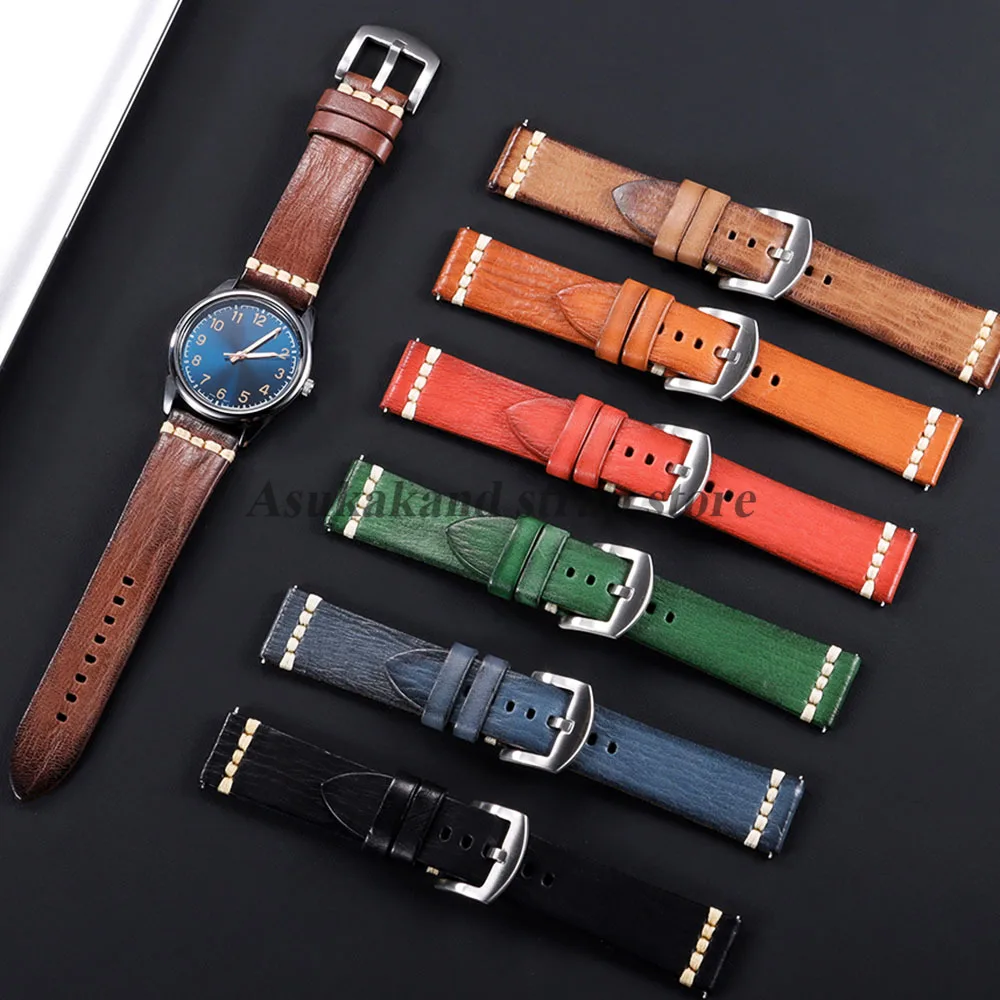 Кожаный ремешок ручной работы 18 мм, 20 мм, 22 мм, 24 мм, быстросъемный ремешок для часов Seiko, ремешок для часов Omega, браслет для умных часов, мужской и женский ремень