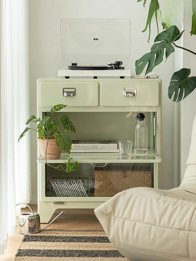 Retro metal tin cabinet household livi ng room lock er sto rage dr awer glas s storage chest c abinet
