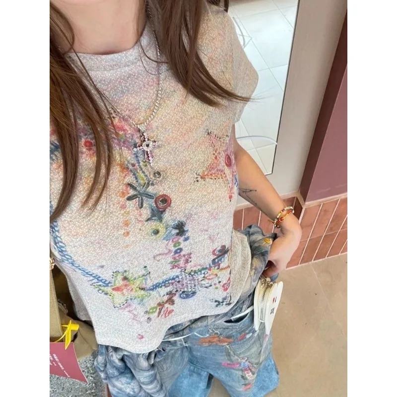 Niche Graffiti Design Print Loose and Versatile New Star Bow Note Colorful Gauze T-shirt