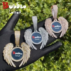 Bubble Letter Iced Out Angle Wing Pendant Necklace for Women Custom Photo Picture Chain Hip Hop Jewelry