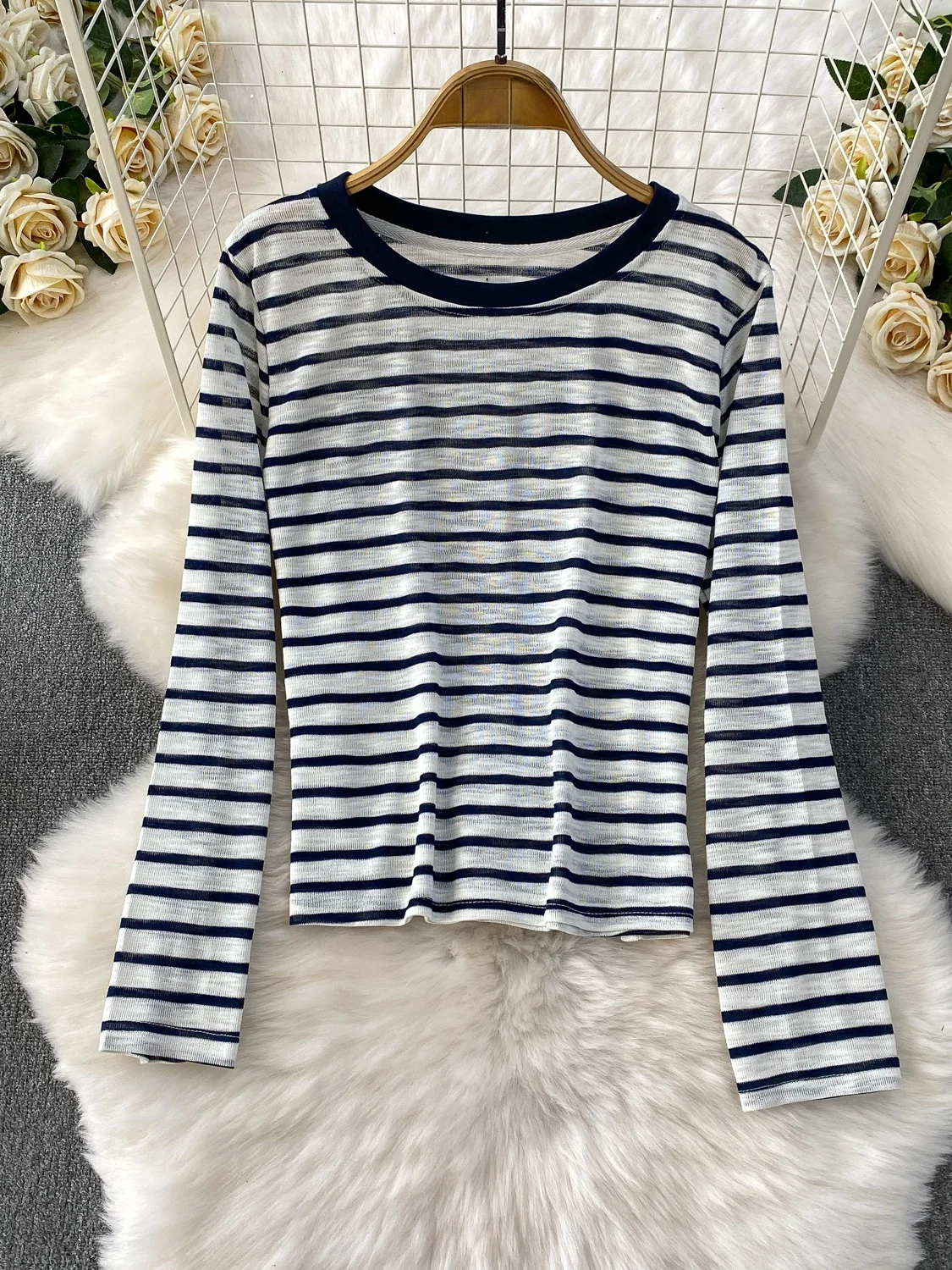 Faionable Koreaanse Sle Dames Gebreide Set Ronde Ne T-shirt En Hoge Taille Wijde Pijpen Broek Gestreept Casual Loose Fit pak