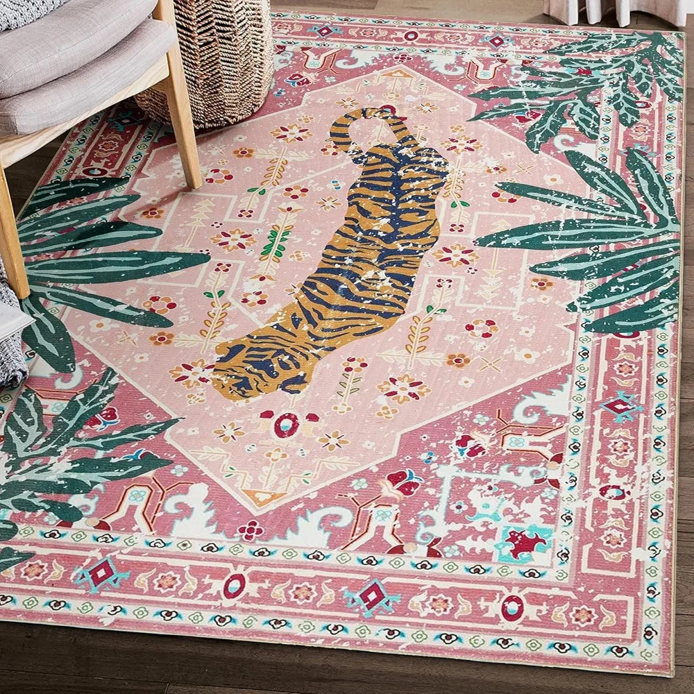 

Washable Pink Rugs Boho Vintage Tropical Jungle 5x7 Area Rugs Jungle Oriental Carpet for Bedroom Kitchen Dining Living Room Offi