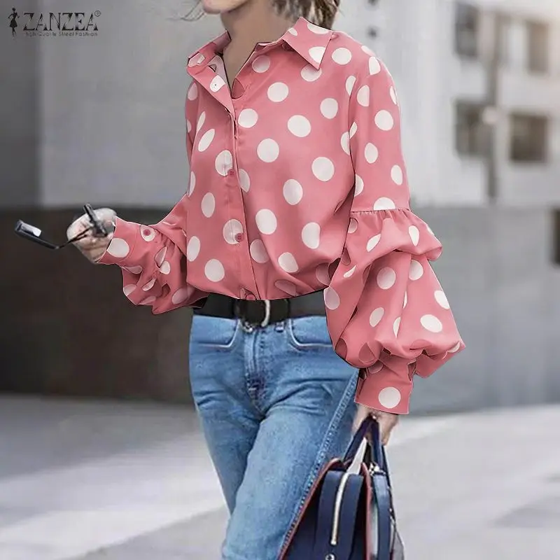 

ZANZEA 2022, элегантные осенние рубашки в горошек, стильная женская блузка с длинным рукавом-фонариком, блузка с лацканами и воротником OL, рабочая Blusas Femme, туника, топы