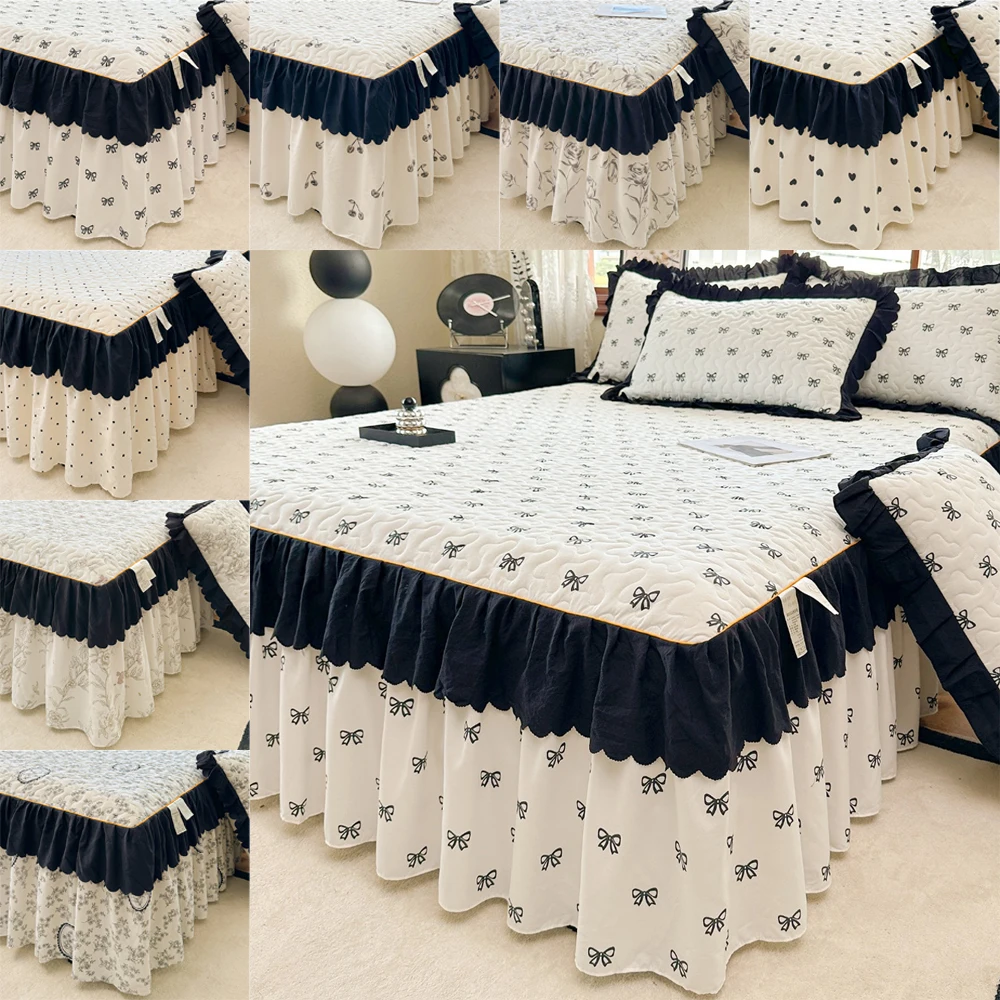 

2026 New French Black and White Lace Bed Skirt 1/2/3 Piece Set Four-season Universal with Skirt Bedding Circumference 침대커버 치마형