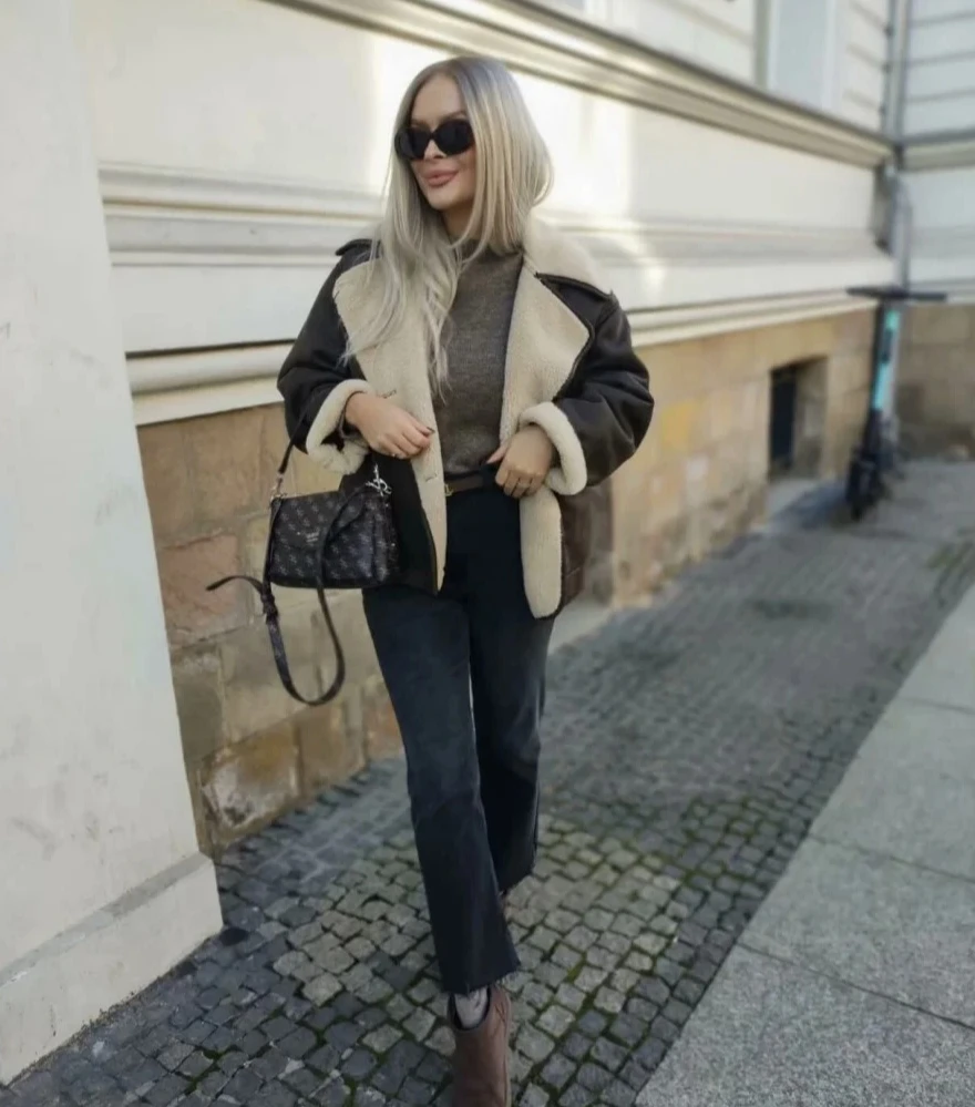 

Fall Winter Women Double Sided Collar Oversized Jacket ZW Series Long Sleeve Warm Coat Casual Chic Outerwear