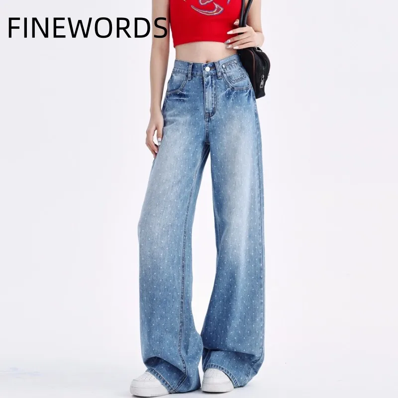 

FINEWORDS Vintage High Waist Polka Dot Jeans Women Korean Casual Streetwear Baggy Jeans Loose Streetwear Wide Leg Denim Pants