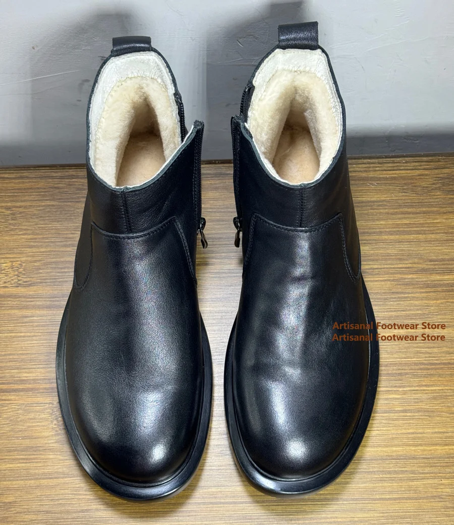 ارتفاع أعلى أفخم تشيلسي الأحذية جولة تو الجانب سستة جلد الغنم والصوف المتكاملة الكاحل الثلوج أحذية الشتاء الدافئة الرجال الأحذية