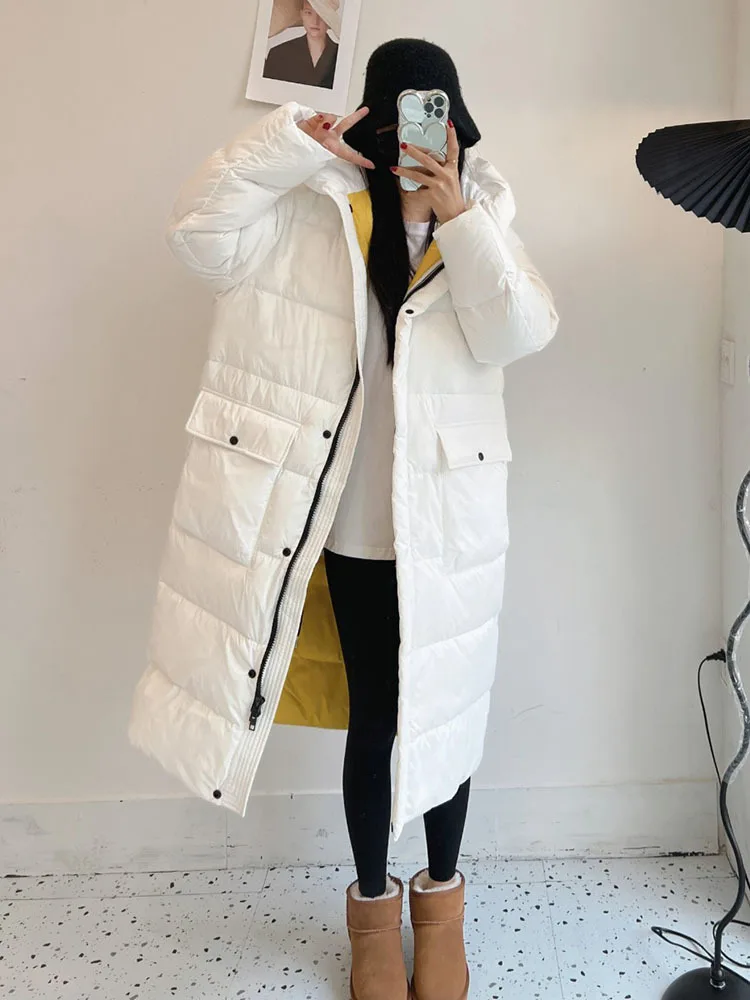 Parkas longas com capuz com bolsos para mulheres, jaqueta branca grossa de pato, casaco puffer quente, outwear solto, novo, inverno, 2023